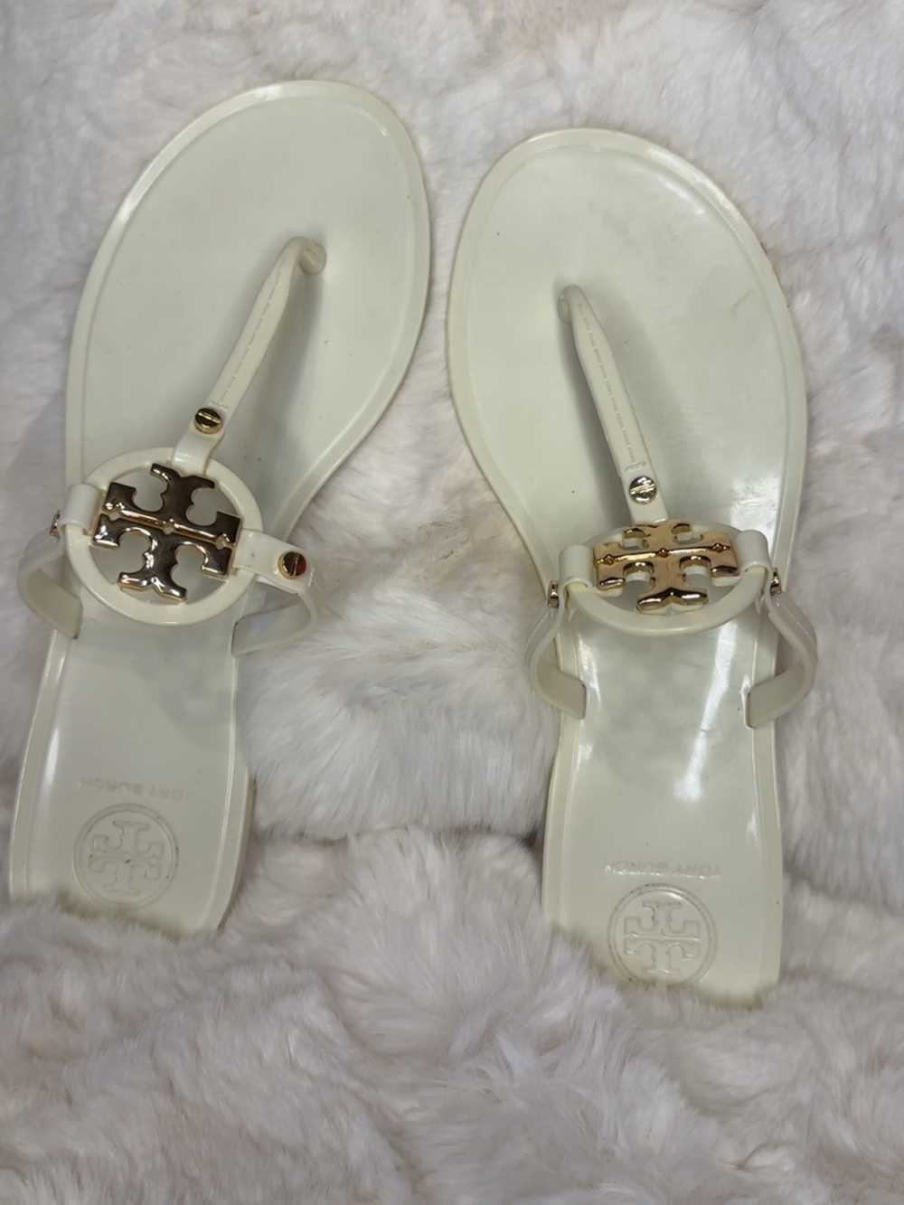 Tory Burch Cream Miller Jelly Thong Sandals with Gold Logo